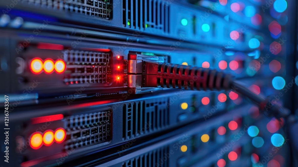 Close-up of network cables connecting to server racks with colorful LED indicators in a data center Close-up of network cables connecting to server racks with colorful LED indicators in a data center