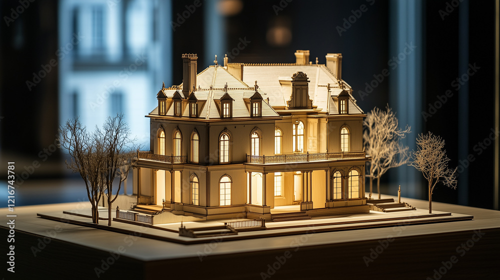 Fototapeta premium A wooden scale model of a historic mansion, well-lit and set on a display table