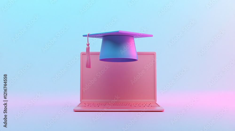 custom made wallpaper toronto digitalLaptop with blank screen with graduation cap on top. Studying, education and e-learning concept. 3D illustration. Educational web seminar. Internet classes, Online study.
