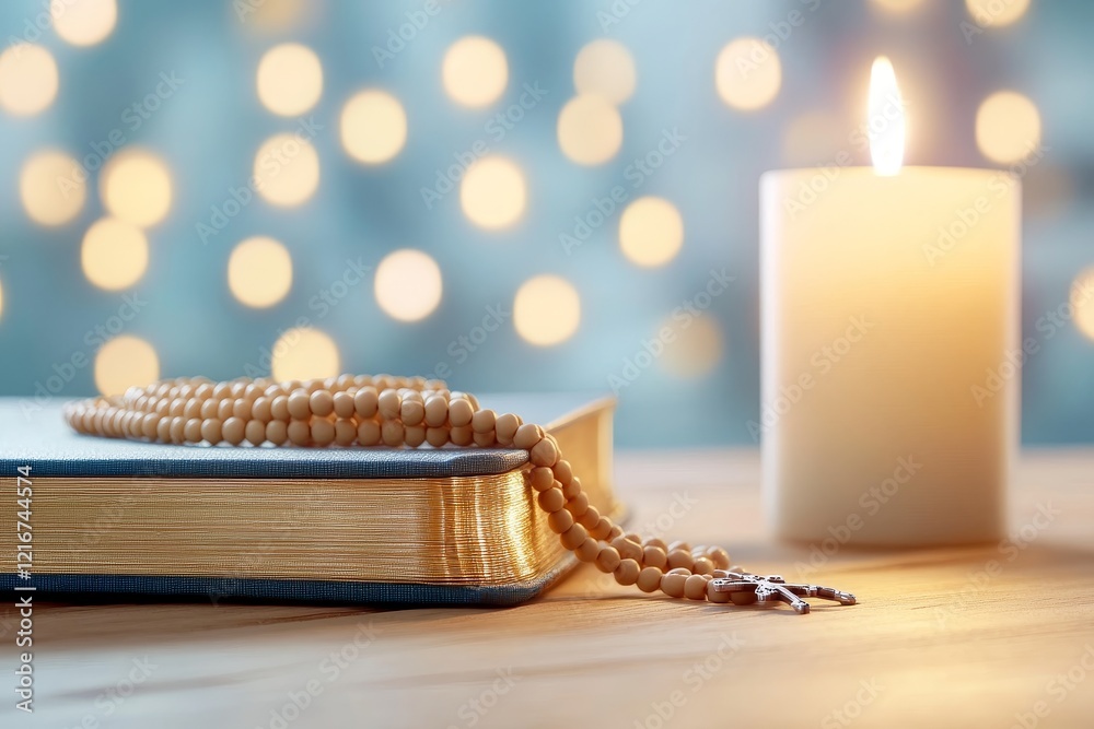 Close-up capture of a prayer book with rosary and candle creating a serene ambiance for reflection and faith. Generative AI Close-up capture of a prayer book with rosary and candle creating a serene ambiance for reflection and faith. Generative AI