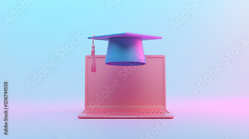 Wallpaper Mural Laptop with blank screen with graduation cap on top. Studying, education and e-learning concept. 3D illustration. Educational web seminar. Internet classes, Online study. Torontodigital.ca
