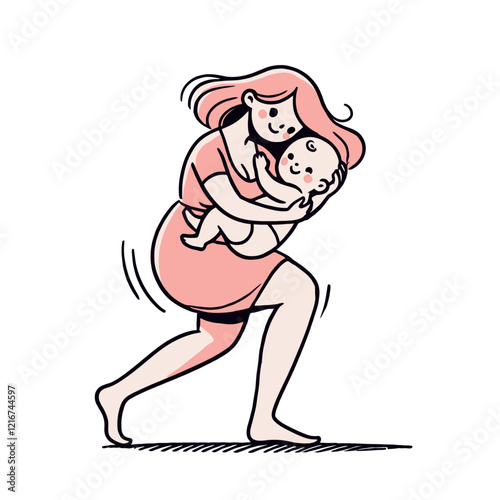 A cute hand-drawn vector illustration of a mother carrying her baby, depicting warmth, care, and parental love. Isolated vector illustration ideal for maternity, parenting, and family themes.