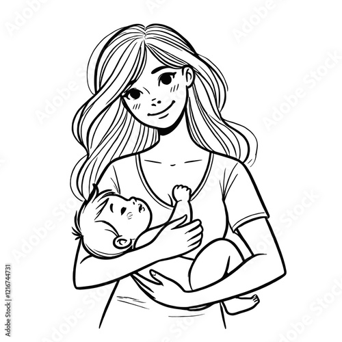 Smiling mother cradling her baby, showing a warm and happy moment of motherhood and care. Ideal for family and parenting themes. Isolated vector illustration.