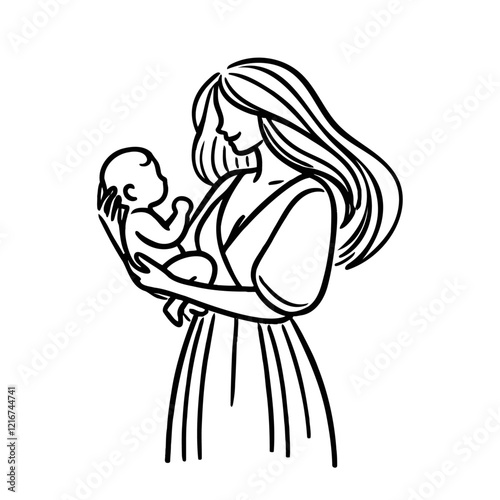 A stylish monochrome line art of a mother gently holding her baby, reflecting tenderness and warmth. Isolated vector illustration suitable for parenting, maternity, and family design concepts.