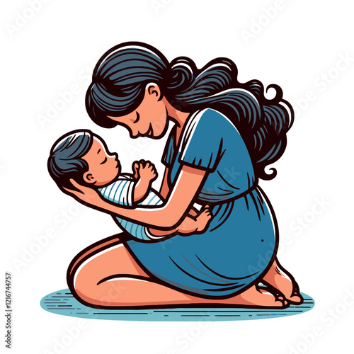 A mother kneeling and cradling her baby in a heartfelt pose, symbolizing maternal care and devotion. Ideal for maternity and parenting projects. Isolated vector illustration.