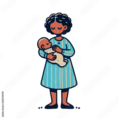 A young mother holding her baby in her arms, standing with a gentle smile. The illustration features a woman in a blue striped dress, lovingly cradling her infant. Isolated vector illustration.