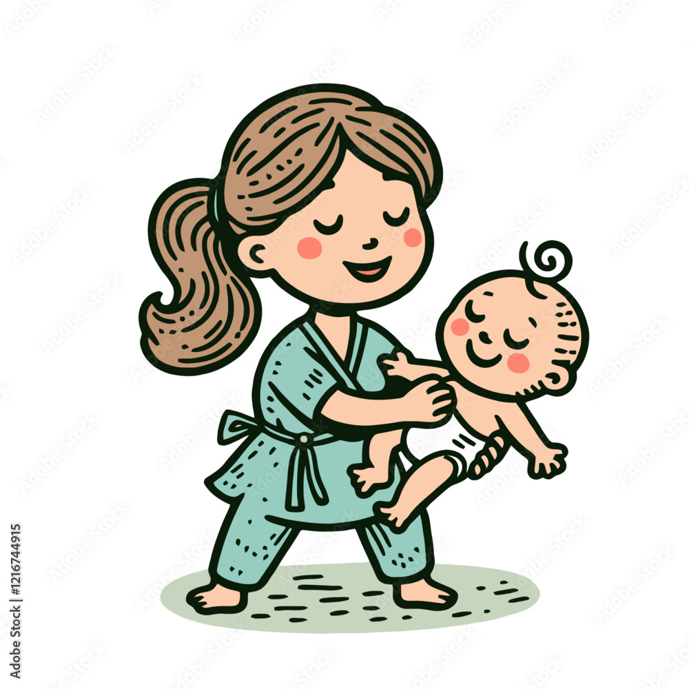 Cute mother holding a happy baby, both smiling, in a playful pose. This isolated vector illustration is ideal for parenting concepts, childcare services, and family-oriented designs. Cute mother holding a happy baby, both smiling, in a playful pose. This isolated vector illustration is ideal for parenting concepts, childcare services, and family-oriented designs.