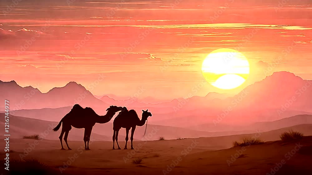 Two Camels at Sunset in the Desert Two Camels at Sunset in the Desert