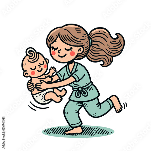 Happy mother holding a baby in her arms, running with joy, expressing love and care. Isolated vector illustration perfect for parenting, maternity, and childcare themes