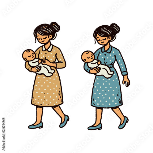 Illustration of two mothers holding their babies, symbolizing motherhood and parenting. A charming depiction of maternal care and love. Isolated vector illustration.