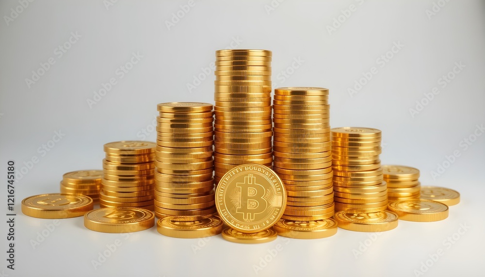 Golden Stacks of Bitcoin Cryptocurrency Coins with Modern Financial Symbolism Golden Stacks of Bitcoin Cryptocurrency Coins with Modern Financial Symbolism