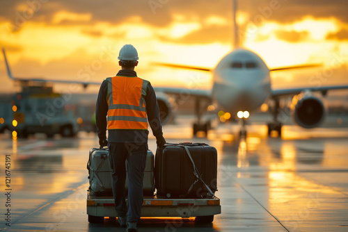 A White airport worker pulls luggage carts on a tarmac under a dramatic sunset sky, preparing for an aircraft's departure at a bustling airport