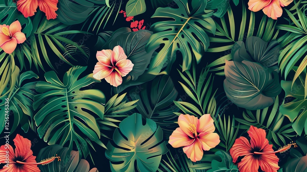 A vibrant tropical pattern featuring lush green leaves and colorful hibiscus flowers. A vibrant tropical pattern featuring lush green leaves and colorful hibiscus flowers.