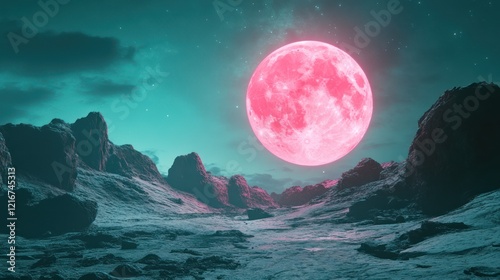 The bright pink moon shines above the rocky hill under the turquoise sky, encapsulating the dreamlike and hallucinatory atmosphere, symbolizing the wonder of the creator. photo