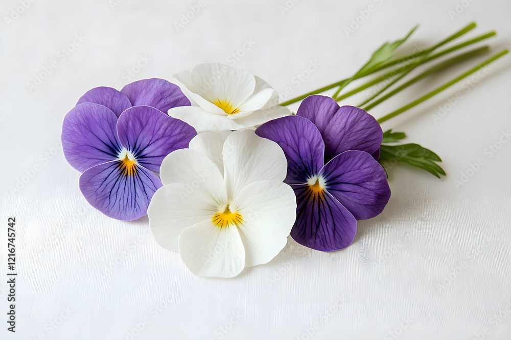 Fototapeta premium a small bouquet with two daisies and two violets, long stem in a white background