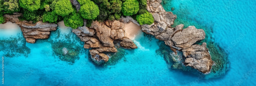 Secluded Cove Paradise - Aerial view of a hidden beach nestled between lush green cliffs and vibrant turquoise water. Clear water, rocky coast. Secluded Cove Paradise - Aerial view of a hidden beach nestled between lush green cliffs and vibrant turquoise water. Clear water, rocky coast.