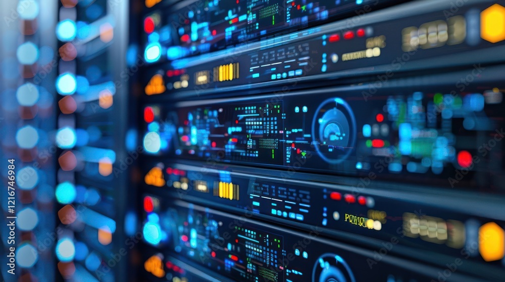Close-up view of a modern data center server rack displaying vibrant LED indicators and activity Close-up view of a modern data center server rack displaying vibrant LED indicators and activity
