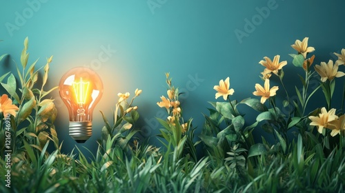 Glowing lightbulb in grass with flowers, nature background; idea concept