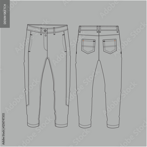 Denim Bottom flat sketch vector, Technical Fashion Illustration, front and back Unisex CAD mock-up.2