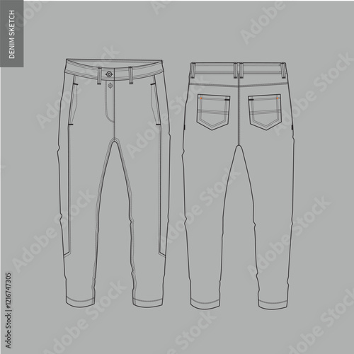 Men's denim trouser pants front and back view flat sketch fashion illustration, five pockets rip denim pants vector template.