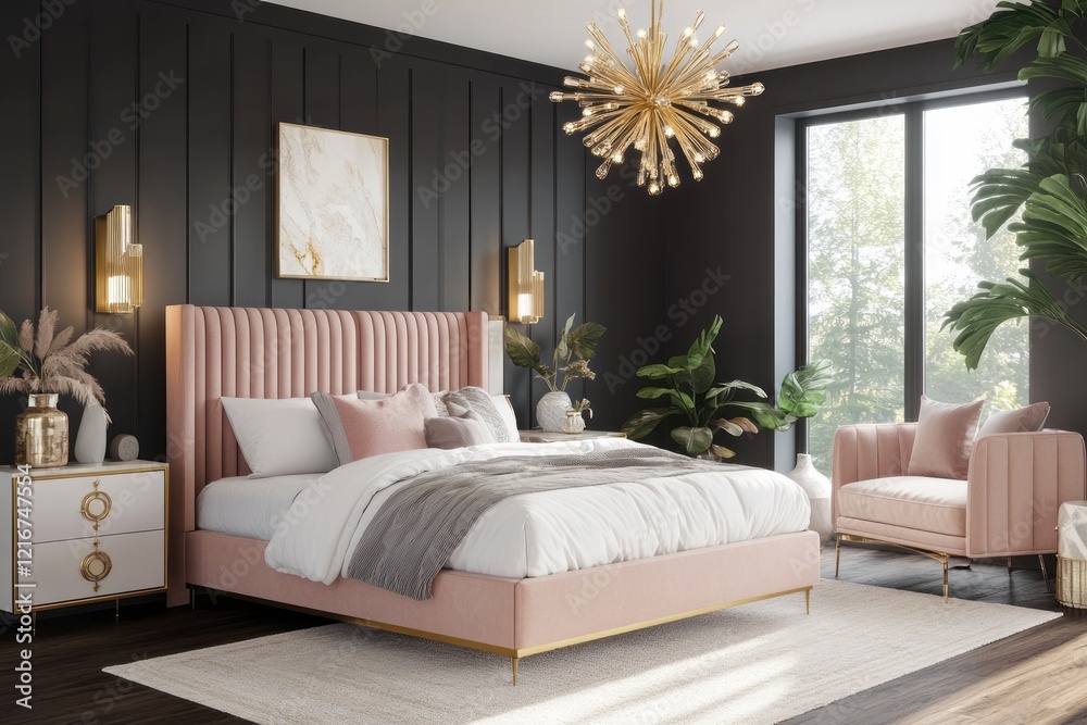Fototapeta premium Elegant Pink Bedroom Design With Gold Accents And Natural Light