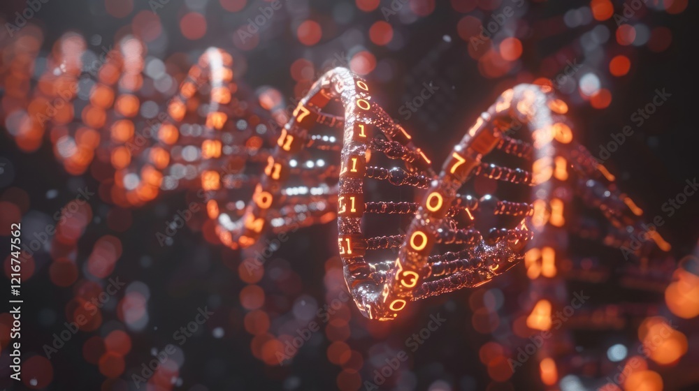 Abstract representation of digital DNA strands with glowing numbers, symbolizing data and technology Abstract representation of digital DNA strands with glowing numbers, symbolizing data and technology
