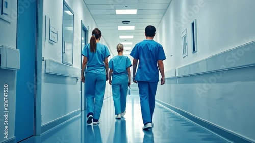 Medical Team Walking Hospital Corridor: Three healthcare professionals in light blue scrubs walk down a bright hospital corridor, their backs to the camera.