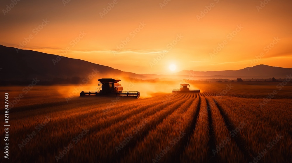 Two combines harvesting wheat at sunset. (1) Two combines harvesting wheat at sunset. (1)