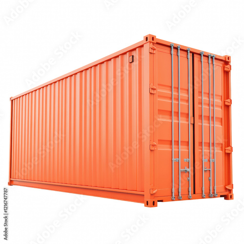 Shipping Container: A bright orange shipping container stands ready for its next journey. The container is shown against a neutral background with the doors closed.