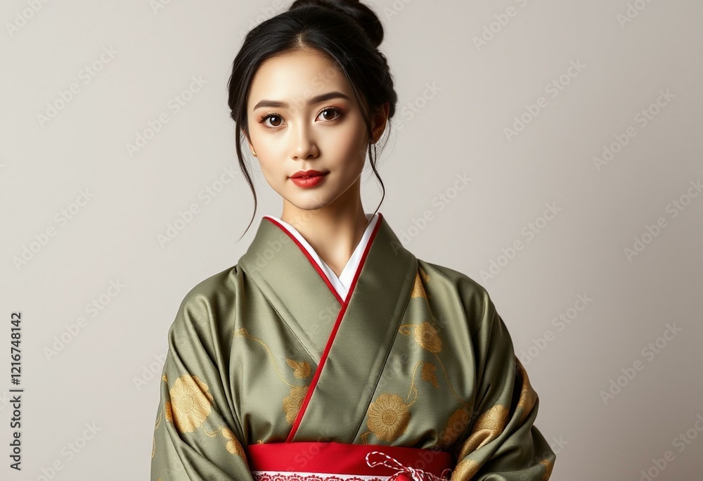 Traditional Japanese woman in kimono and obi sash Traditional Japanese woman in kimono and obi sash