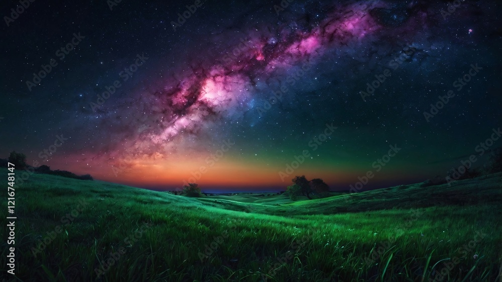 Fototapeta premium Night sky with swirling galaxies, stars, and glowing plants in a mystical, dreamy landscape.