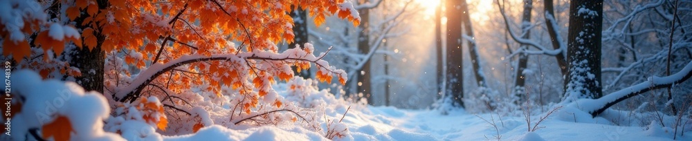 Dense foliage with orange leaves covered in snow, cold weather, snowy forest, autumnal colors Dense foliage with orange leaves covered in snow, cold weather, snowy forest, autumnal colors