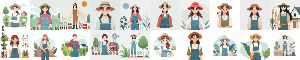 vector set of character female farmer vector set of character female farmer