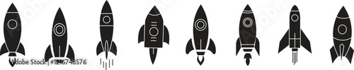 Startup Rocket flat icon set. System booster vector sign, isolated on transparent background. Rocket launch symbol. Editable stroke.