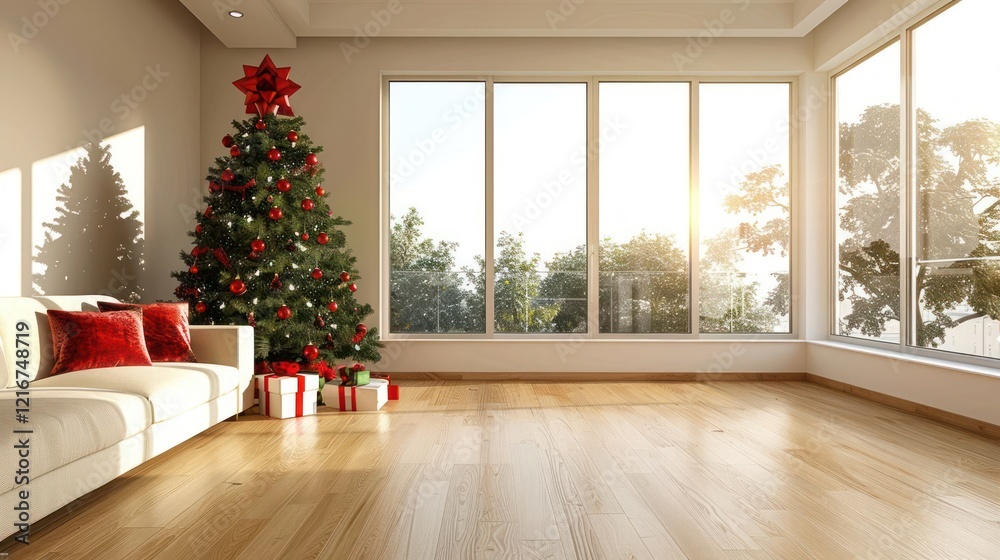 Fototapeta premium Cozy living room decorated for the holidays with a Christmas tree and gifts, sunlight streaming in