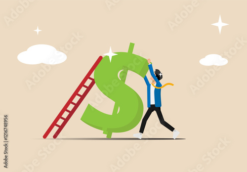 Money ladder to achieve financial independence goals, entrepreneurs start climbing the ladder to the top of the dollar bill, challenges to achieve investment targets or wealth planning strategy concep