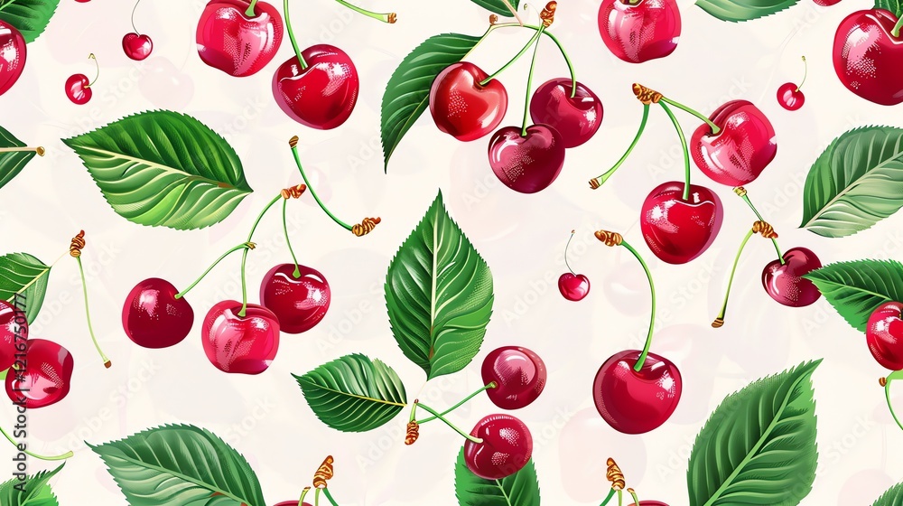 Seamless pattern of cherries with leaves on a white background.