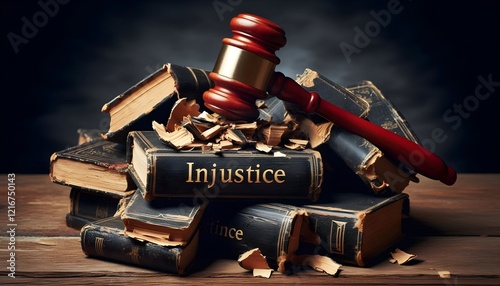 A gavel smashing a pile of old books labeled 