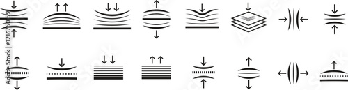 Elastic flexibility icon set. Compact and push arrow sign. Stretched and compressed element, Flexible pressure symbol. Quality design element. Resilience material sign. Editable stroke.