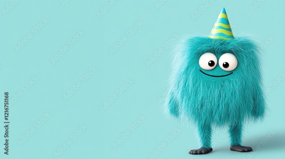 Fototapeta premium Joyful Fluffy Blue Monster Celebrating a Party