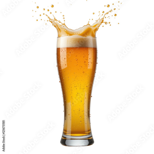 Refreshing Pint of Beer with Splash in Tall Glass on Isolated Transparent Background
