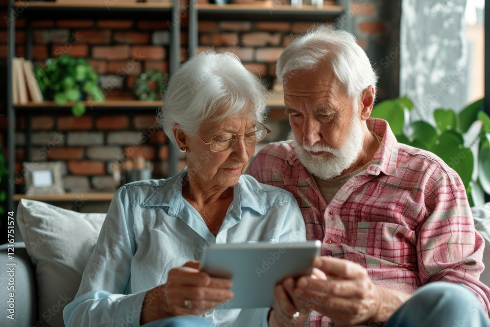 An elderly couple sits together on a couch, engrossed in viewing something on a tablet. Their interaction suggests an effort to connect and understand modern technology. An elderly couple sits together on a couch, engrossed in viewing something on a tablet. Their interaction suggests an effort to connect and understand modern technology.