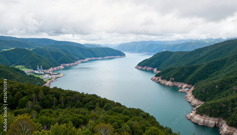 Fototapeta premium Aerial view of serene hydroelectric reservoir in forested mountains, tranquility
