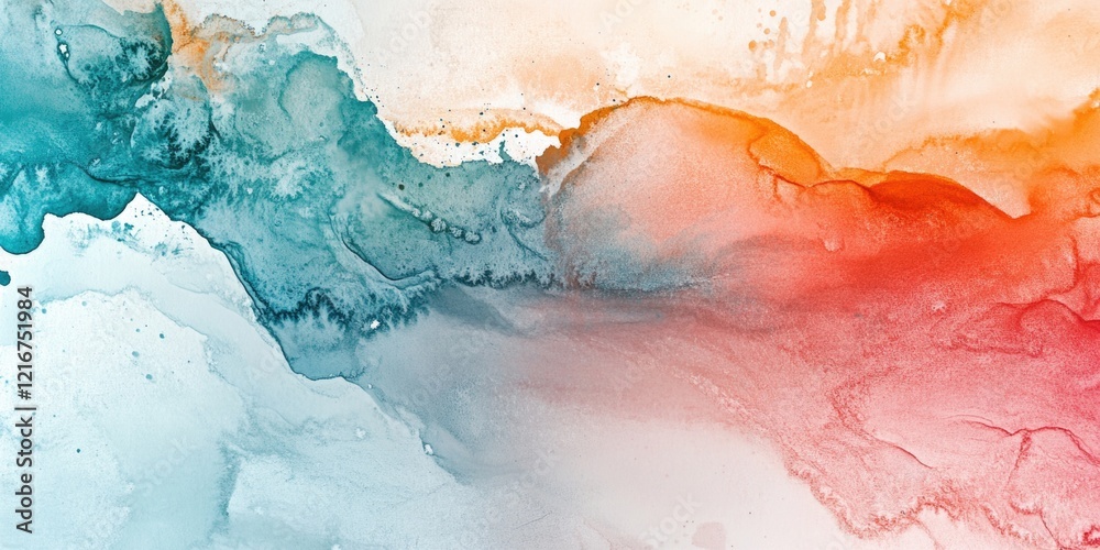 Fototapeta premium A painting of a blue and orange line with white clouds. The painting is abstract and has a calming effect