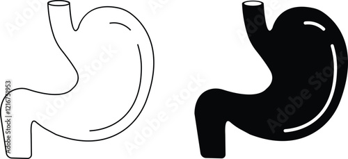 Human Stomach line and flat icon set. Gastric organ, digestive stomach illustration sign collection. Human body related internal organ. Anatomical stomach symbol on isolated transparent background. 