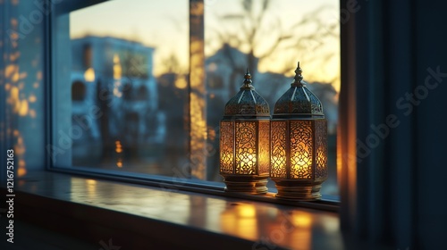 Two ornamental lanterns illuminating windowsill at sunset photo