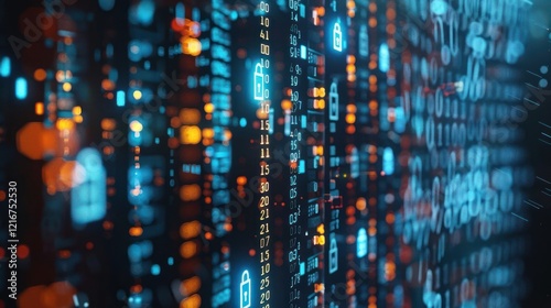 Wallpaper Mural Abstract digital data visualization with glowing locks and numbers representing cybersecurity trends Torontodigital.ca