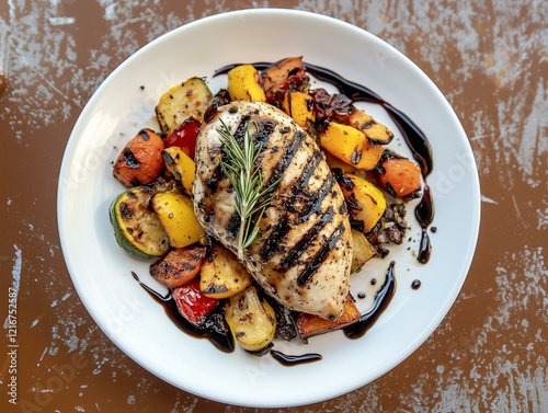 Grilled Chicken Breast with Vegetables and Herb Garnish on a White Plate