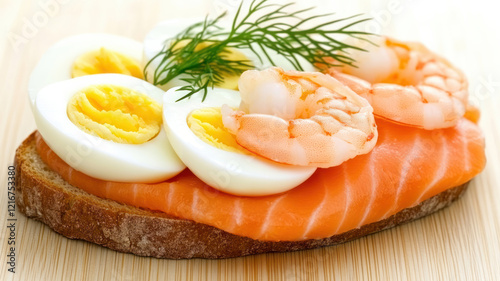 Delicious Shrimp and Egg Open Sandwich Kitchen Food Photography Bright Top View Culinary Delight photo