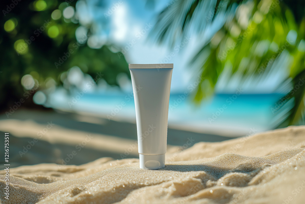 Empty textured sandy beach by the summer sea with a white bottle of sun cream. empty cosmetic skin care cream or sunscreen on sandy beach with sea background Empty textured sandy beach by the summer sea with a white bottle of sun cream. empty cosmetic skin care cream or sunscreen on sandy beach with sea background